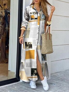 Newspaper & Map Print Maxi Shirt Dress - Size L - New Without Tags